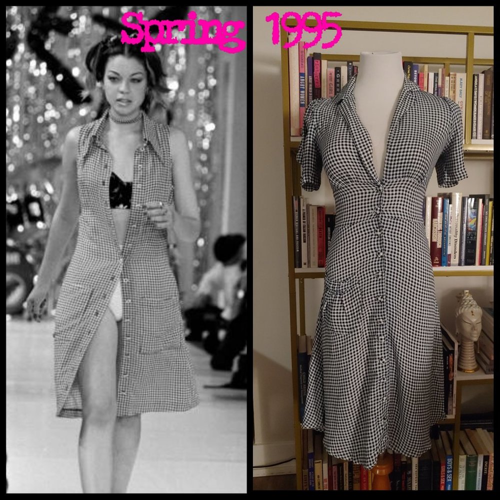 Vintage Betsey Johnson Spring 1995 Black Gingham Cup of Coffee 40s Dress P XS